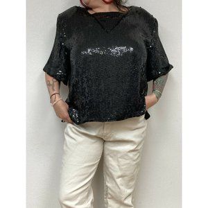 Vtg 80s veelam 2XL black silk beaded&Sequined top